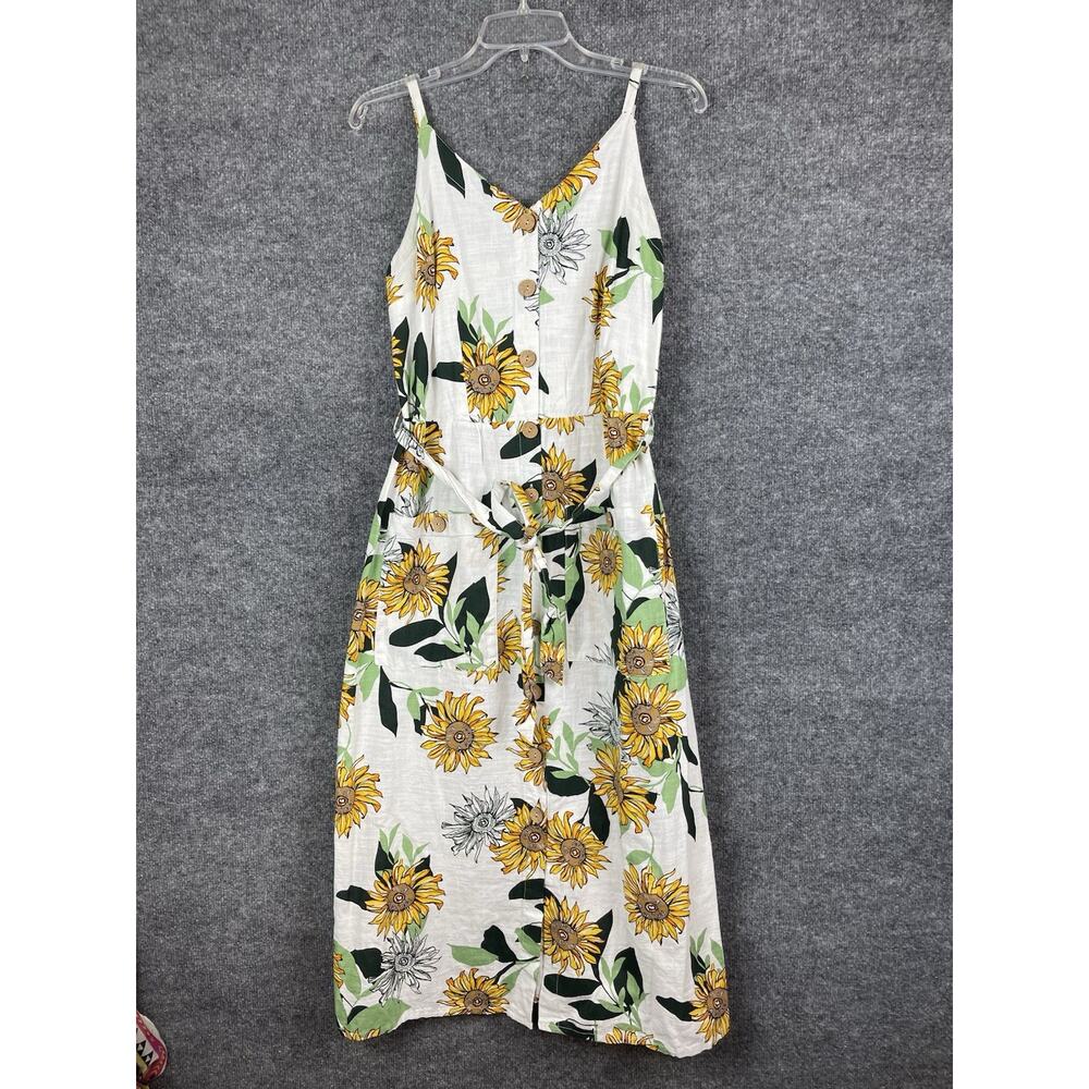 Miie Gabrielle Linen Sun Dress Size M Midi Sun Flowers Wood Buttons